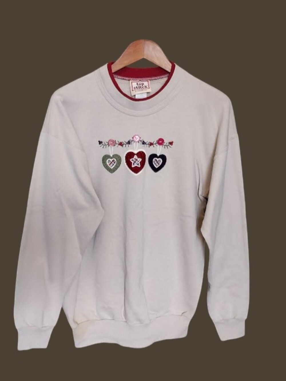 Vtg 90s Top Stitch Sweatshirt Women’s XL Beige Country Hearts Cottage Granny